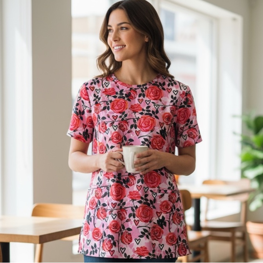 I Love Scrubs  Pink Floral Heart Women's Large Top